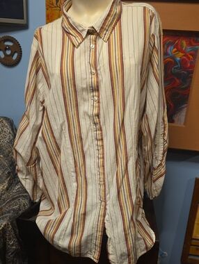 Roaman's Cream Button-Down Shirt with Red and Brown Stripes